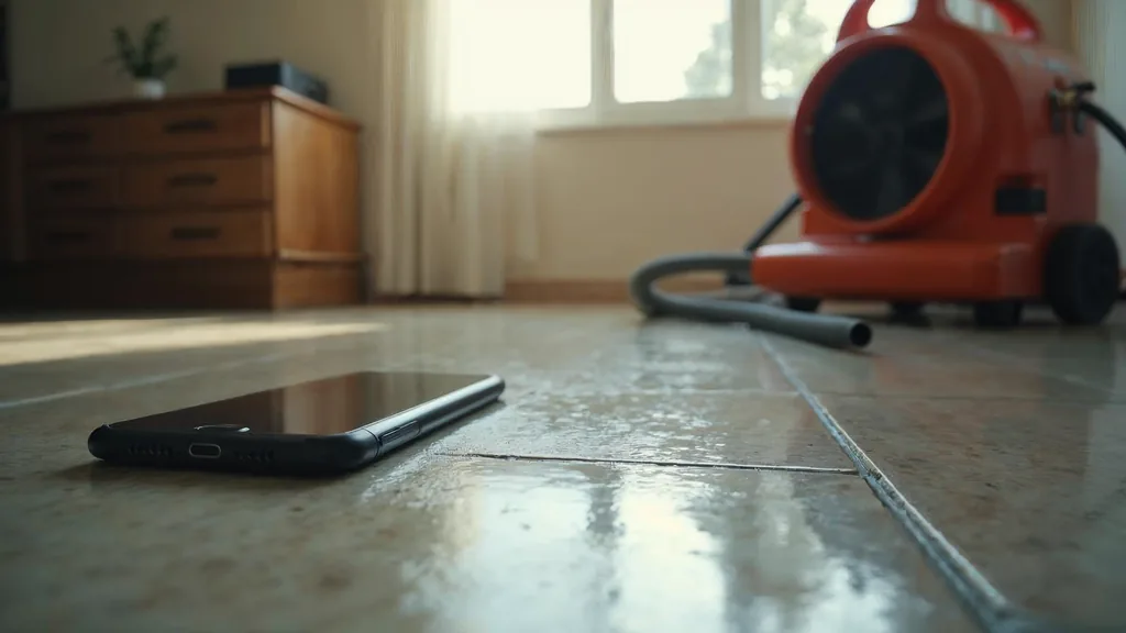 A smartphone face up on a wet tiled floor beside a commercial air mover and coiled hose in an emptied residential room in late afternoon light, shallow depth of field, no people, no text, no signage