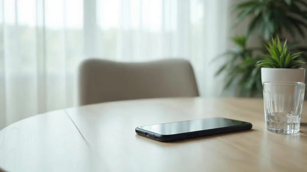 A smartphone face up on a pale wooden table beside a glass of water and a small potted plant in a bright calm clinic consultation room in soft morning daylight, shallow depth of field, no people, no text, no signage