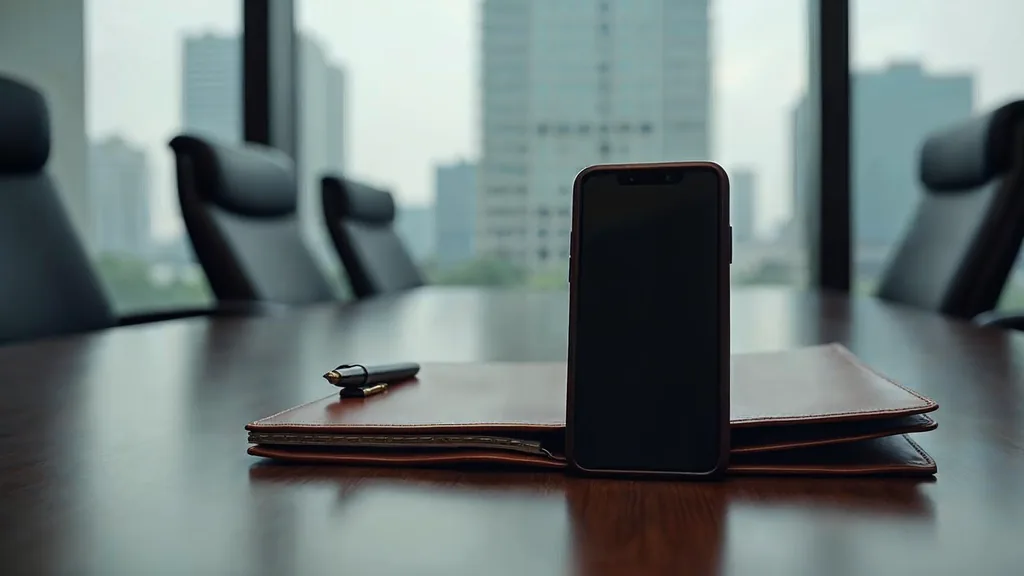 A smartphone face up on a dark walnut conference table beside a closed leather folio and a fountain pen with soft overcast city light through a tall office window, shallow depth of field, no people, no text, no signage