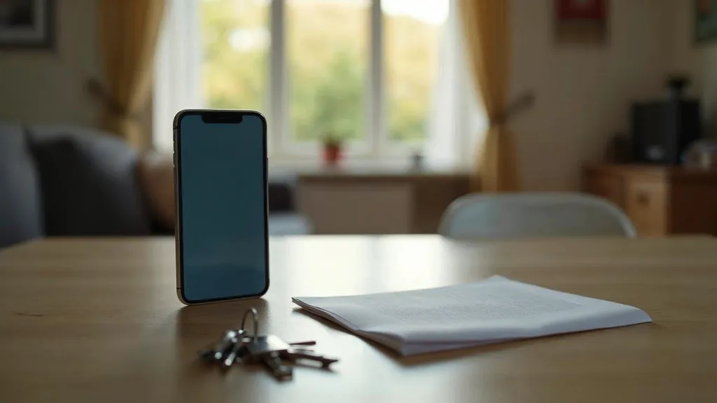 A smartphone face up on a kitchen island beside a set of house keys and a folded printed document in warm early evening light with a blurred suburban living room behind, shallow depth of field, no people, no text, no signage