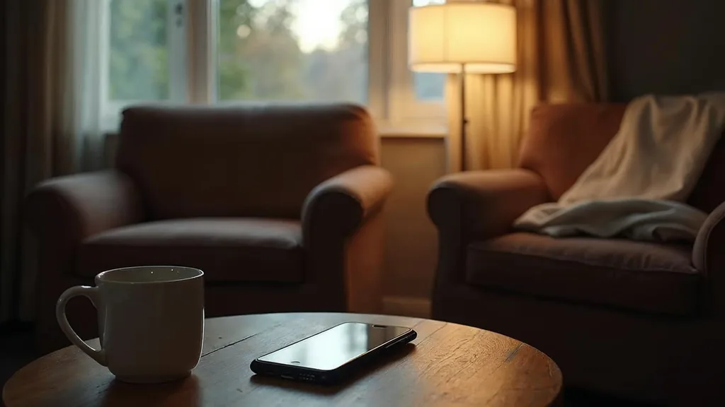 A smartphone face up on a wooden side table beside a mug and a folded blanket on an armchair in a quiet residential common room in warm lamp light at dusk, shallow depth of field, no people, no text, no signage