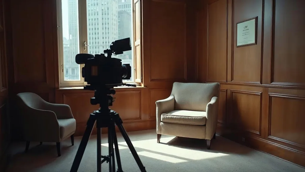 A cinema camera on a tripod facing an empty upholstered armchair in a quiet wood-panelled advisory office with a softbox light and city daylight through tall windows, shallow depth of field, no people, no text, no signage