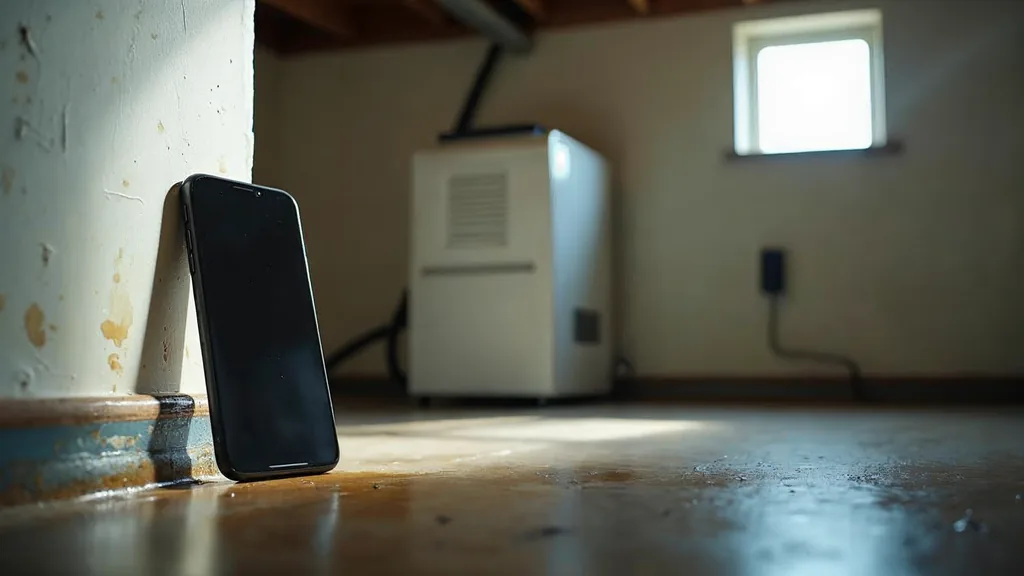 A smartphone propped against a wet skirting board beside a commercial dehumidifier in an emptied basement room with daylight from a small window, shallow depth of field, no people, no text, no signage