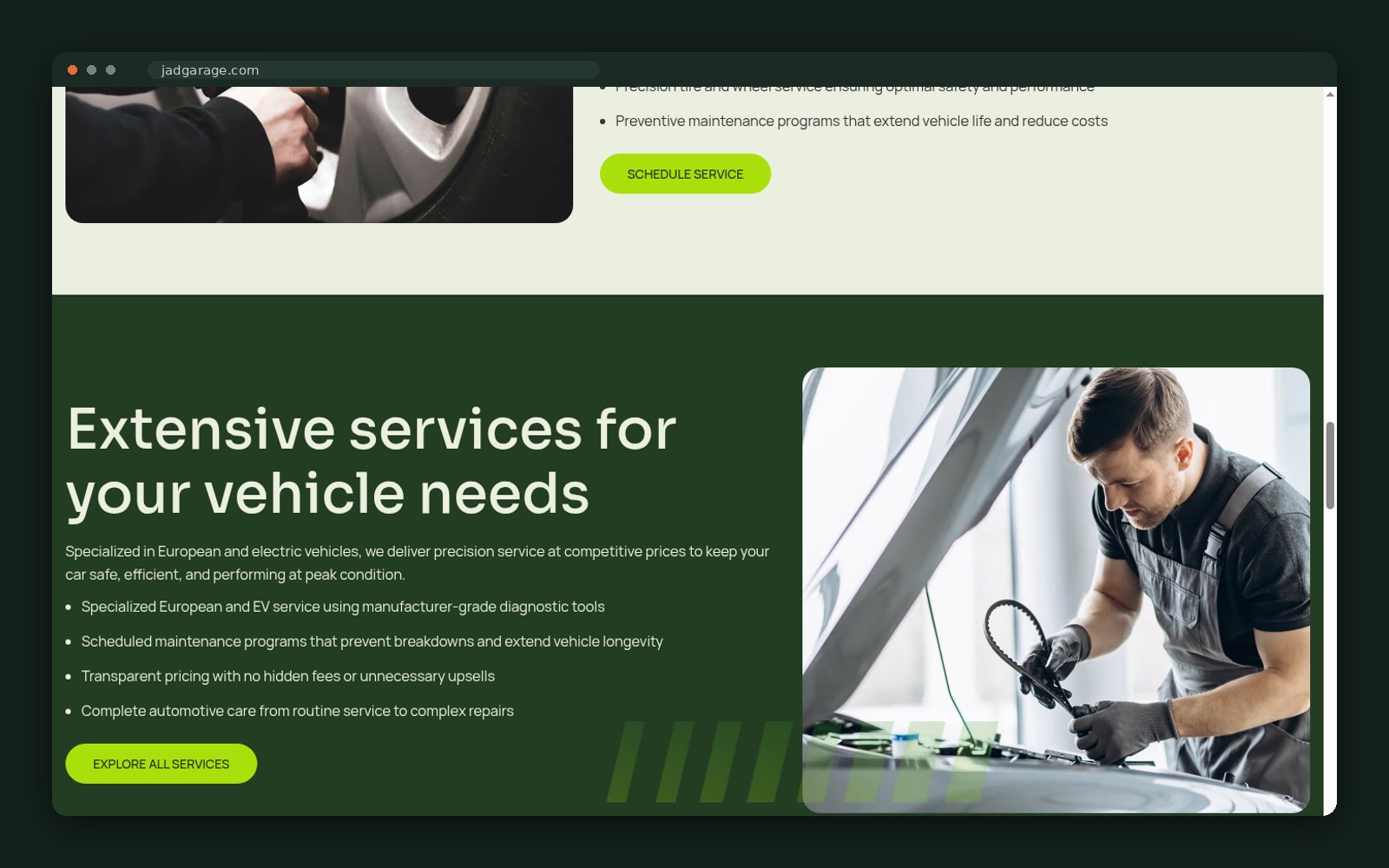 Extensive services section with technician photography
