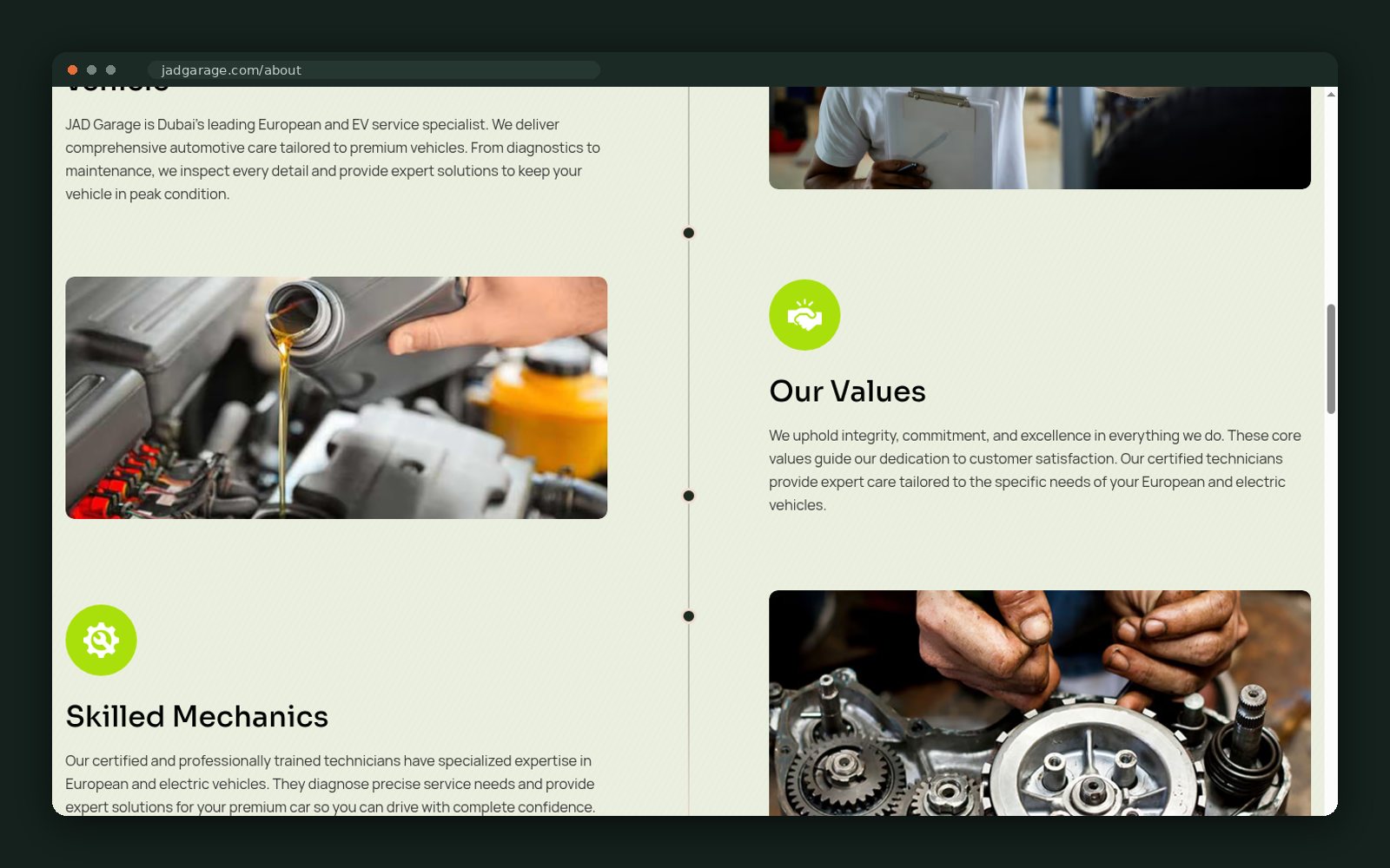Values and skilled mechanics with workshop photography