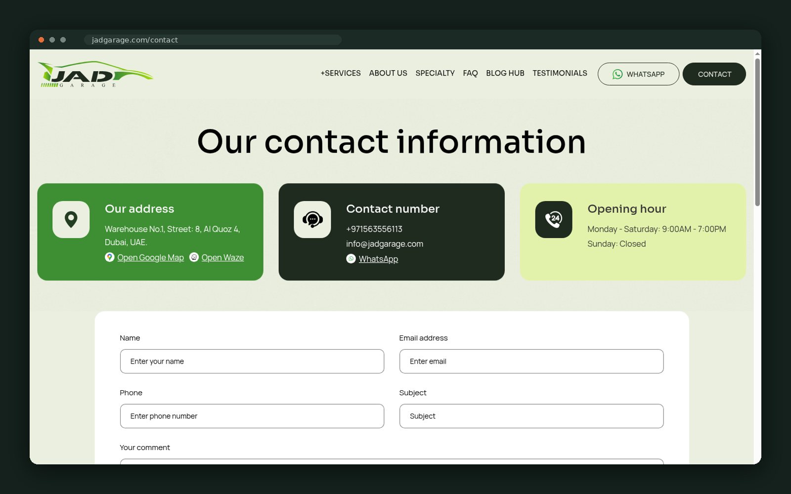 Contact page with address, hours and form