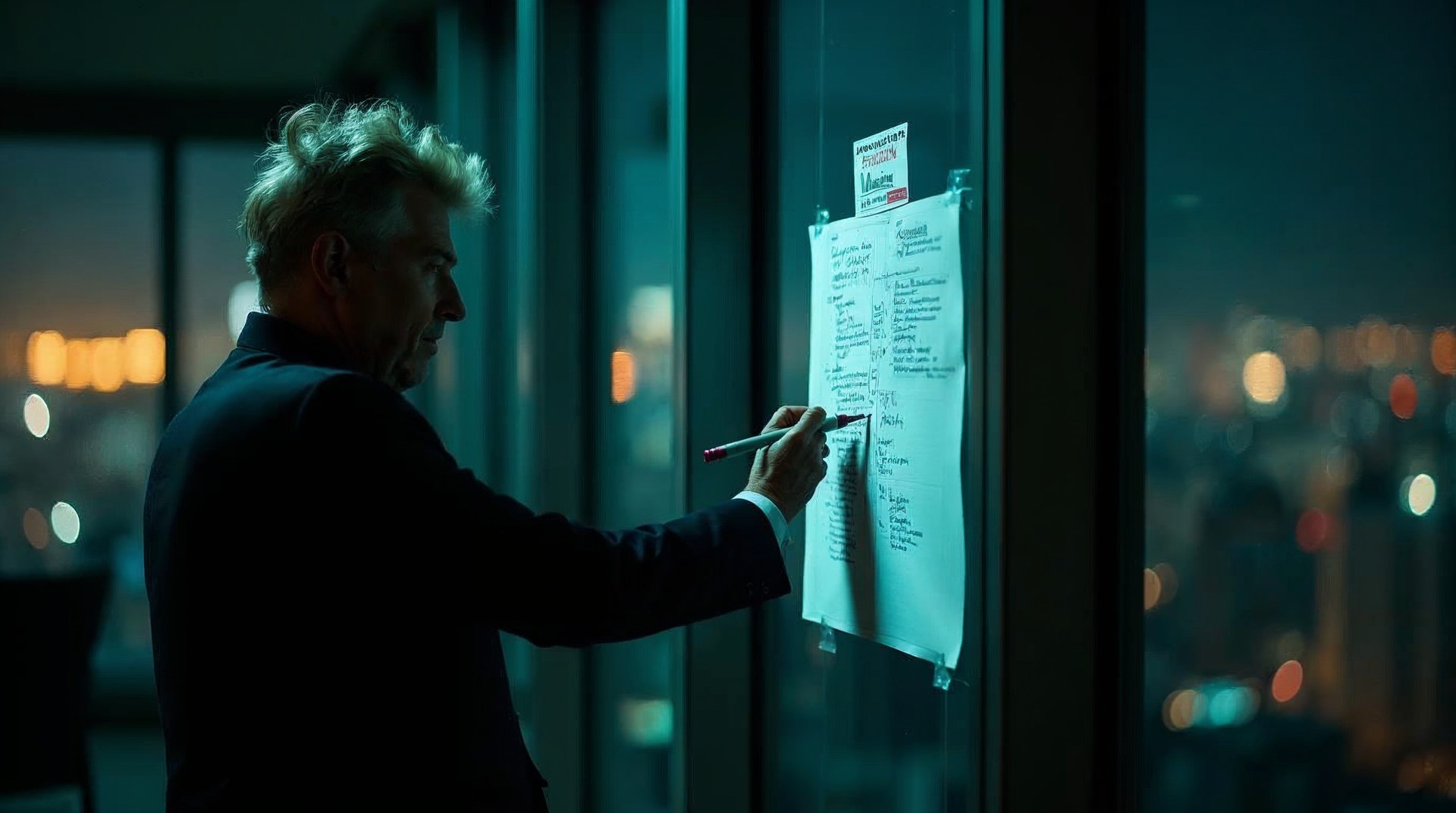 Media buyer circling one line of a printed inventory list taped to a glass wall at night