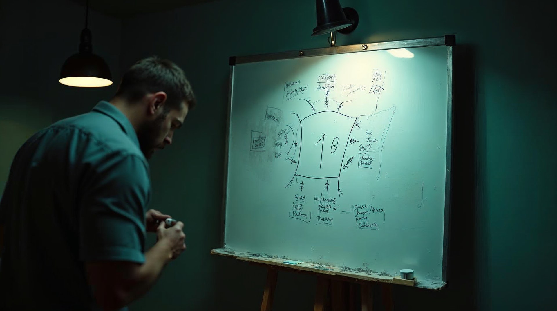 Whiteboard with a hand-drawn auction diagram of bids and arrows
