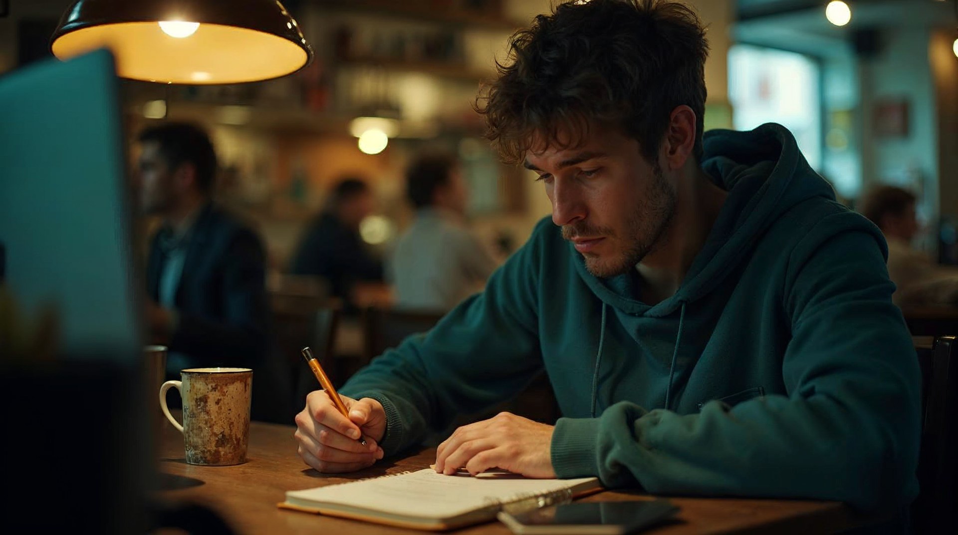 Copywriter drafting replies longhand in a notebook at a busy cafe table