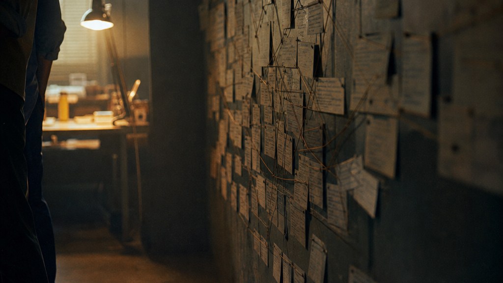 Wall of index cards naming niche communities, connected with string