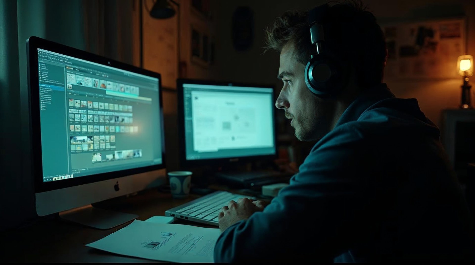 Colourist reaching for a grading panel in a dim suite with a reference frame behind