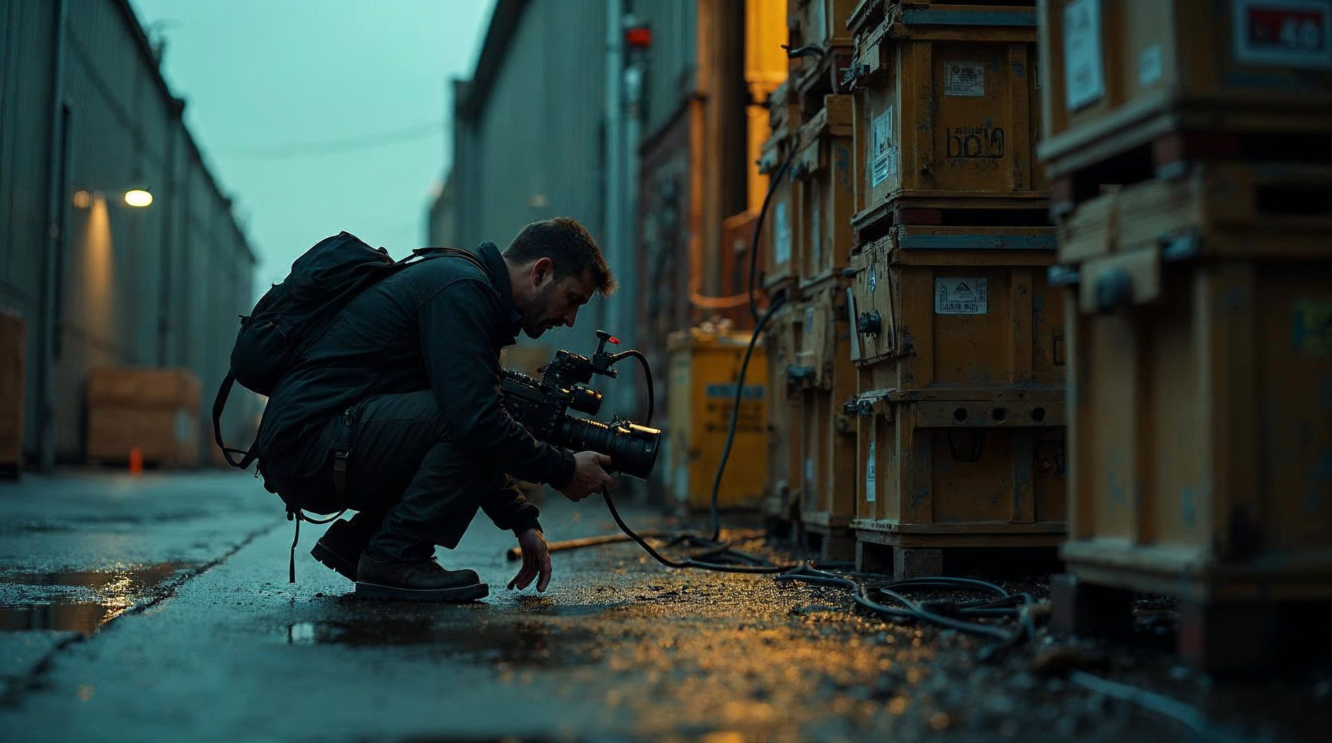 Camera operator crouched behind a cinema camera in a warehouse with a work light flaring