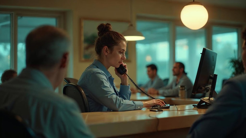 A clinic receptionist taking a phone call at a busy front desk with patients waiting, photographed in Scottsdale