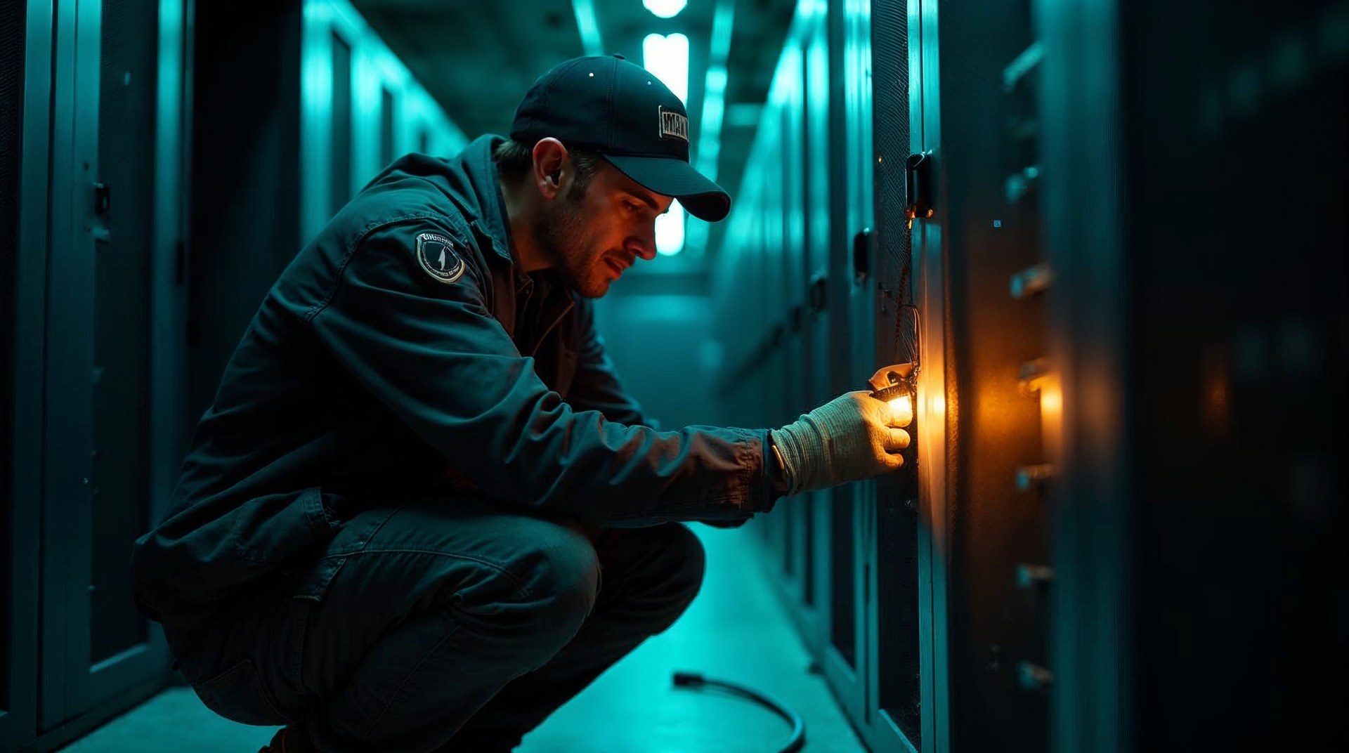 Engineer kneeling beside a server rack tracing a single cable with a torch