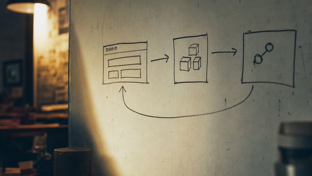 Whiteboard diagram of browser, server layer and platform API with arrows