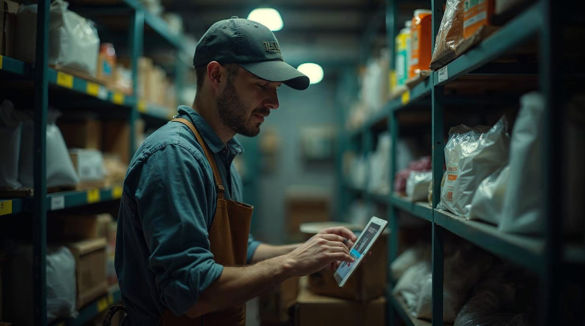 Store owner in an apron packing an order beside a tablet showing the order queue