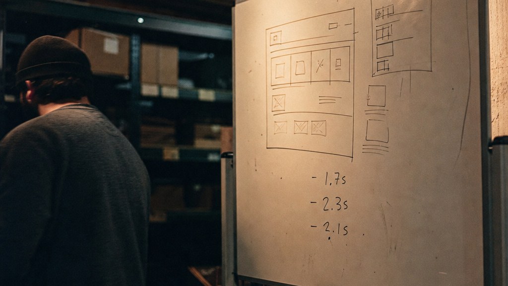 Stockroom whiteboard with a hand-drawn product page wireframe and load times