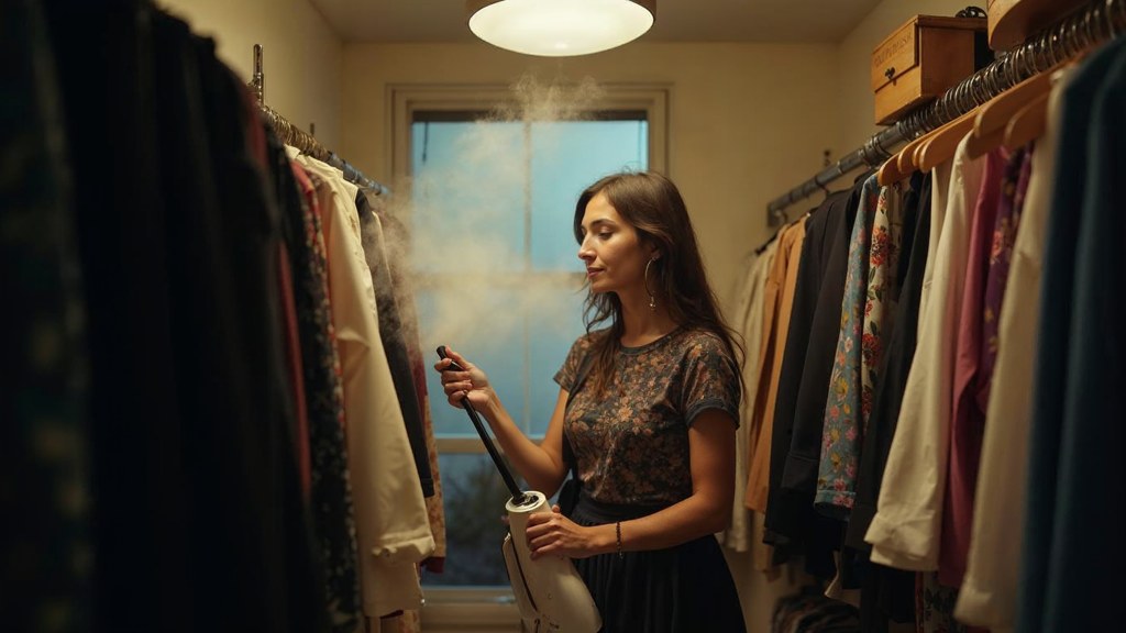 A boutique owner steaming garments in a narrow shop stockroom at opening time, photographed in Scottsdale