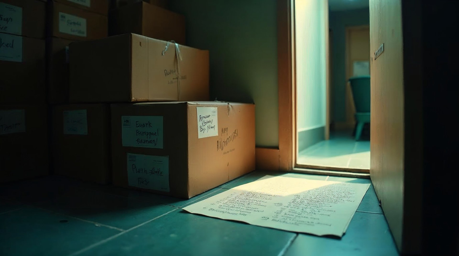 Stack of labelled product boxes beside a printed creator roster on a hallway floor
