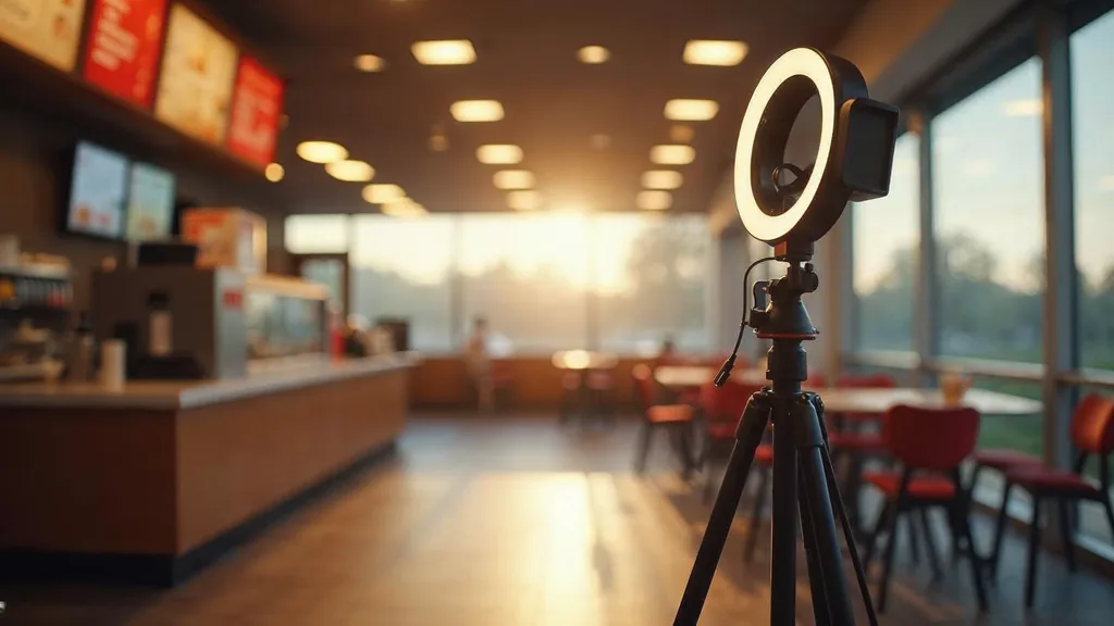 A ring light and a phone on a small tripod set up beside the service counter of an empty modern quick-service restaurant in morning light, shallow depth of field, no people, no text, no signage