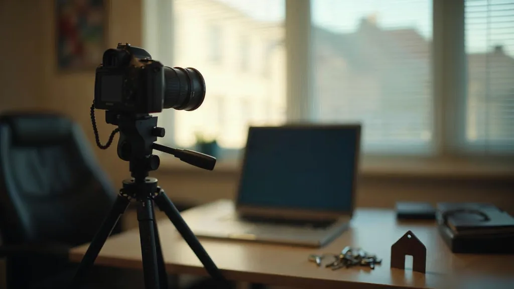 A tripod-mounted camera facing an empty desk with a closed laptop and a set of house keys in a small mortgage office in late afternoon light, shallow depth of field, no people, no text, no signage