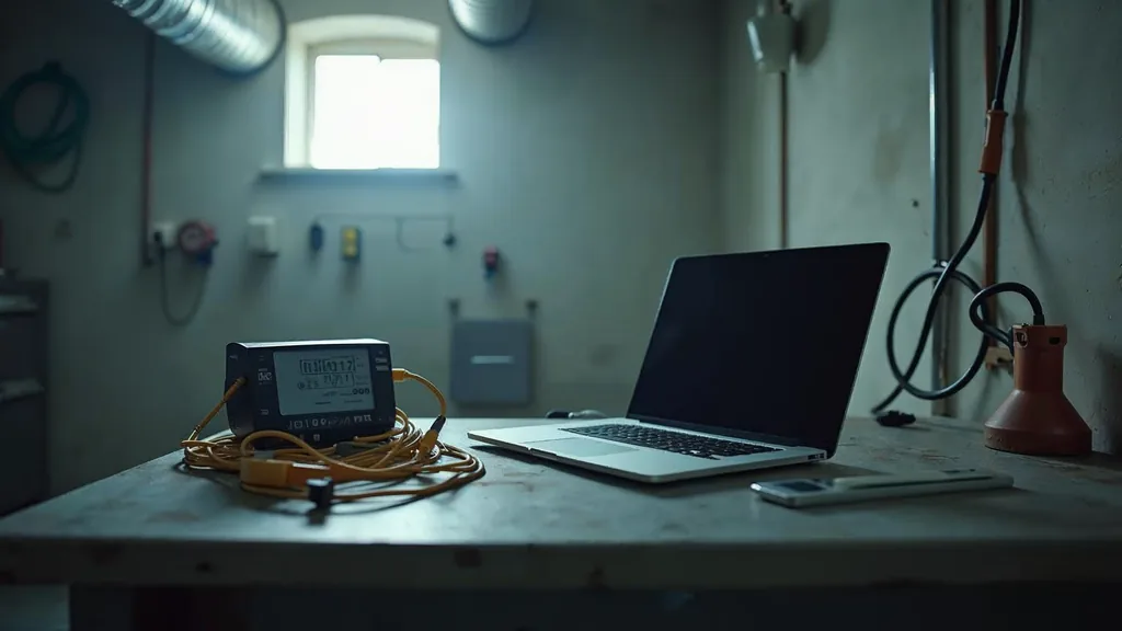A laptop closed on a workbench beside a moisture meter and a coiled extension cord in a clean empty basement utility room in daylight, shallow depth of field, no people, no text, no signage