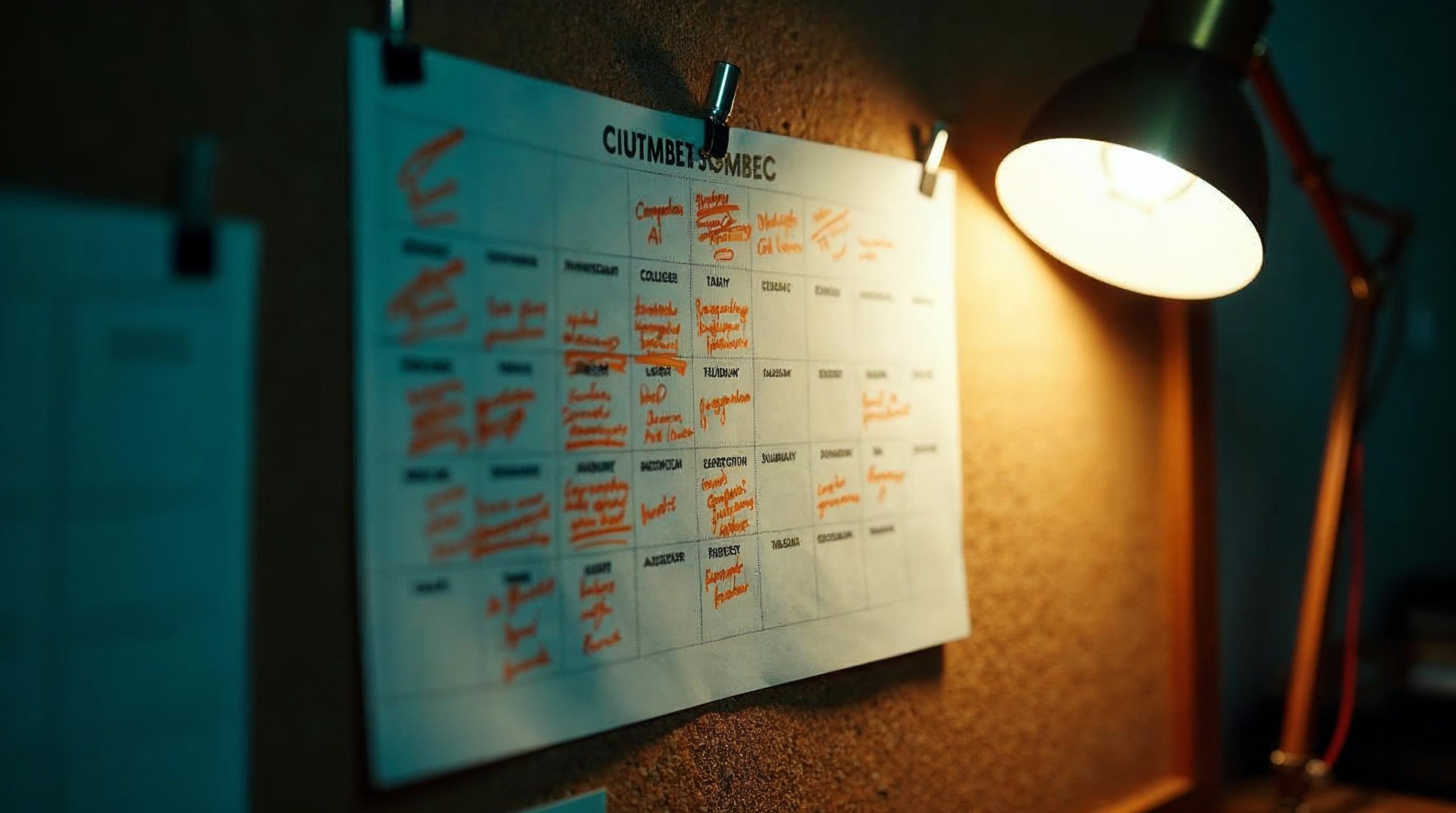 Corkboard of pinned post printouts lit from one side by a window