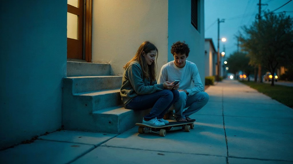 Two teenagers on skateboards looking at a phone on a set of concrete steps, photographed in Scottsdale