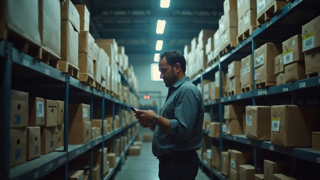 A seller checking barcodes on stacked cartons in a garage stockroom, photographed in Scottsdale