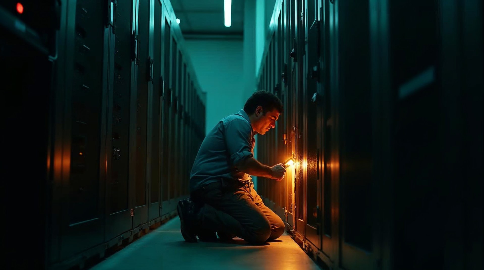 Engineer kneeling with a torch at an open server cabinet, cables lit amber