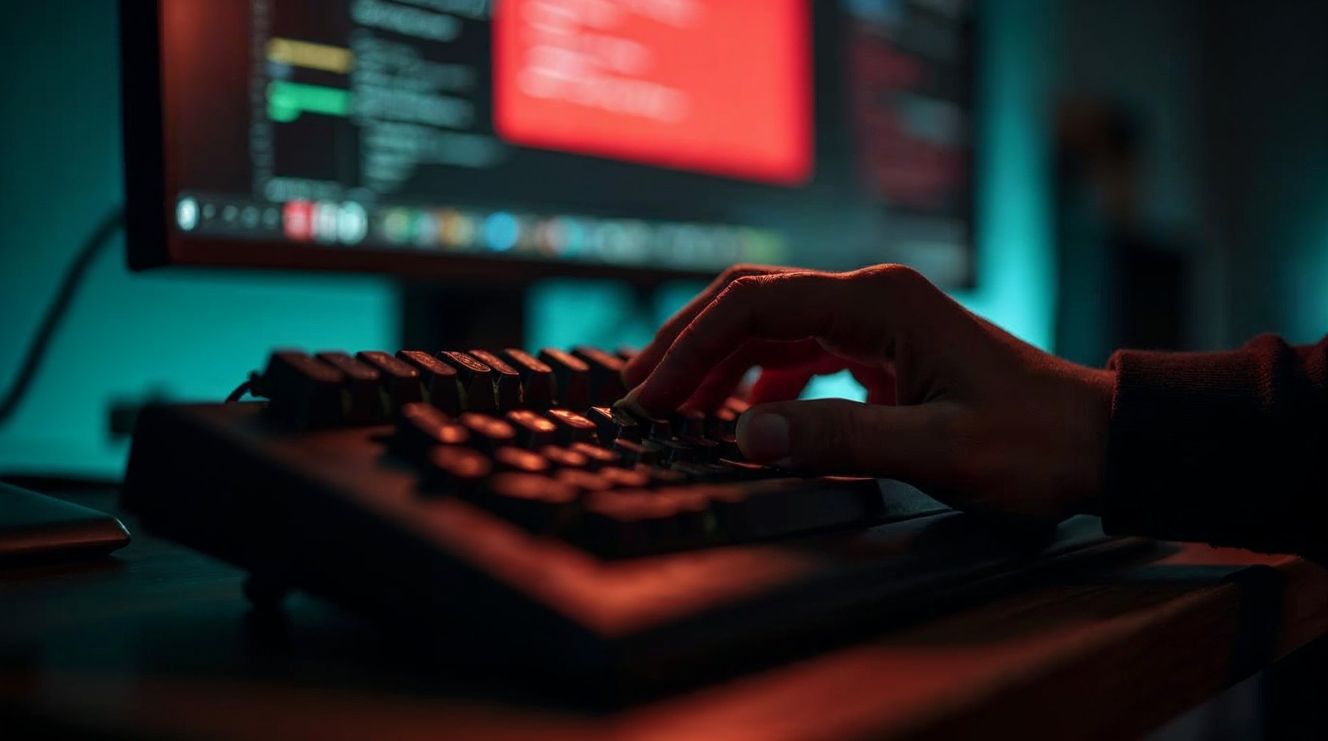 Hand pressing a worn keyboard while a red alert glows on a monitor at night