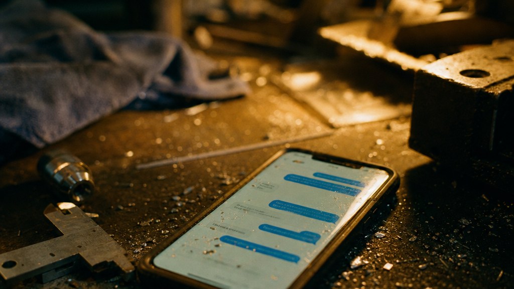 Phone on a workshop bench showing a message thread among tools