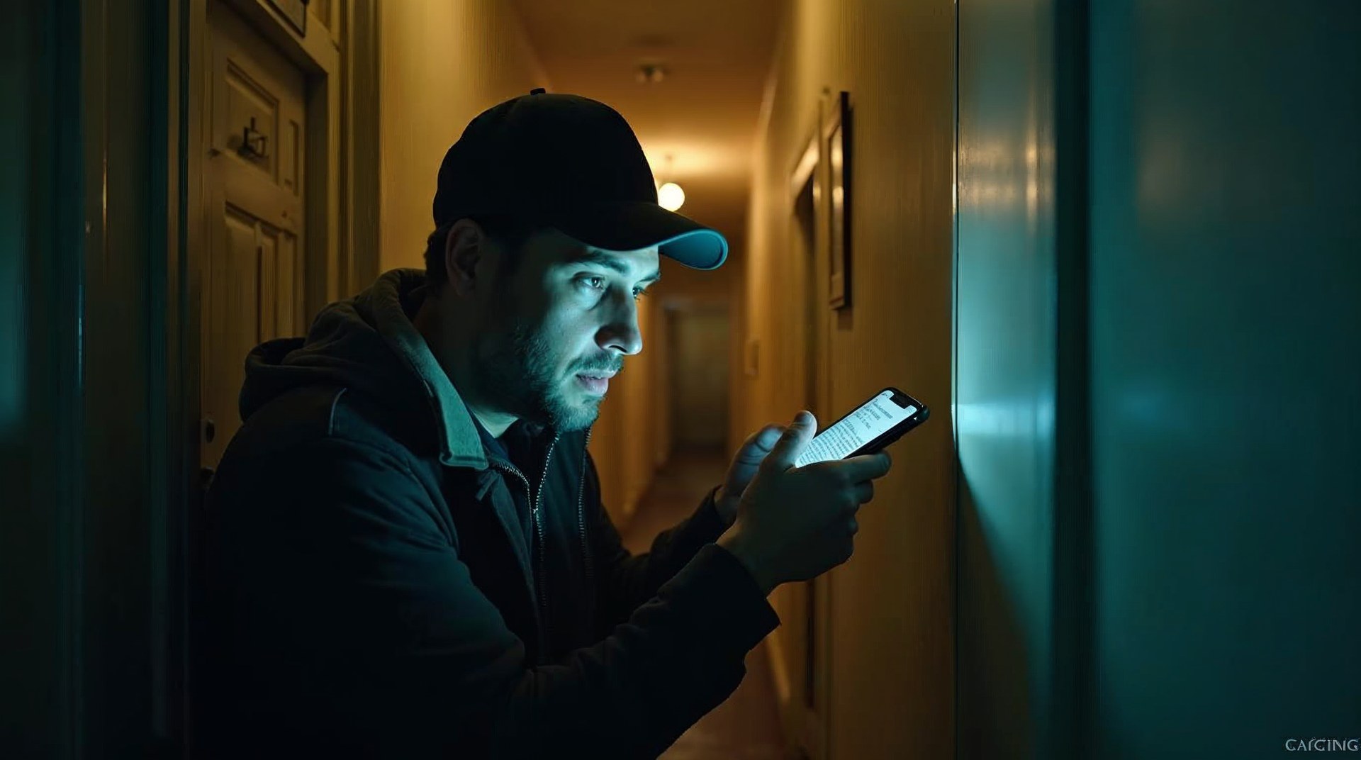 Courier in a doorway reading a text notification on a cracked phone screen