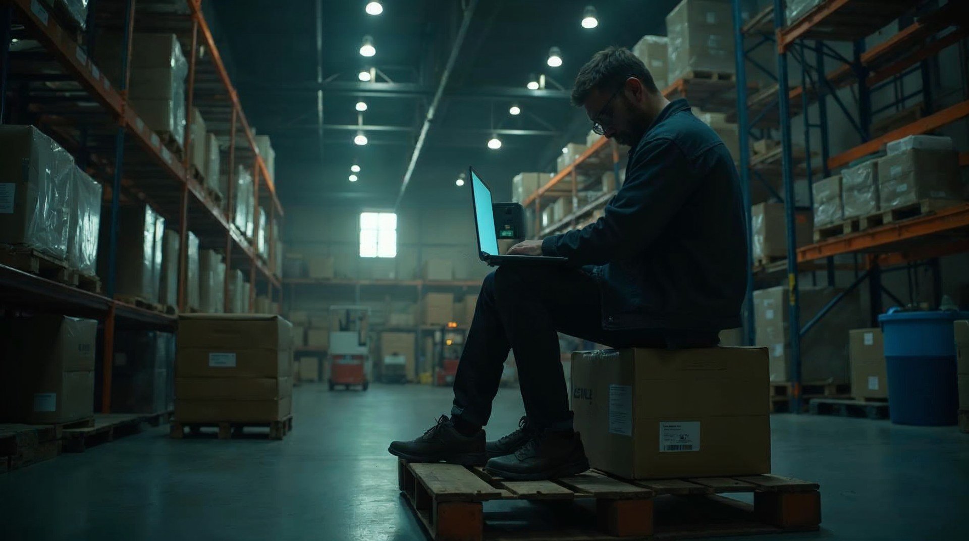 Developer checking a store launch on a warehouse mezzanine at night