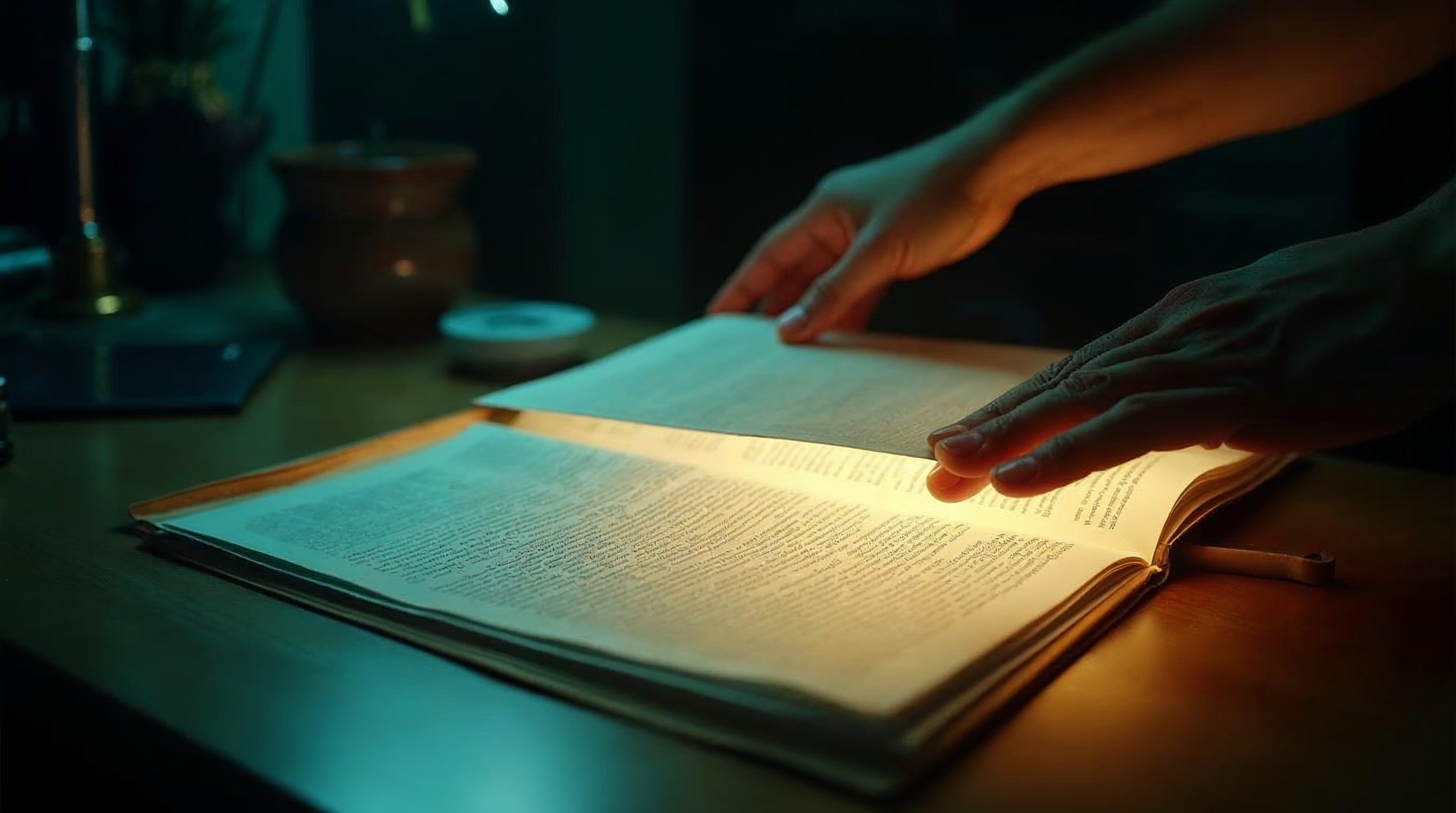 Hand comparing an old printed page against a new layout on a lightbox at night