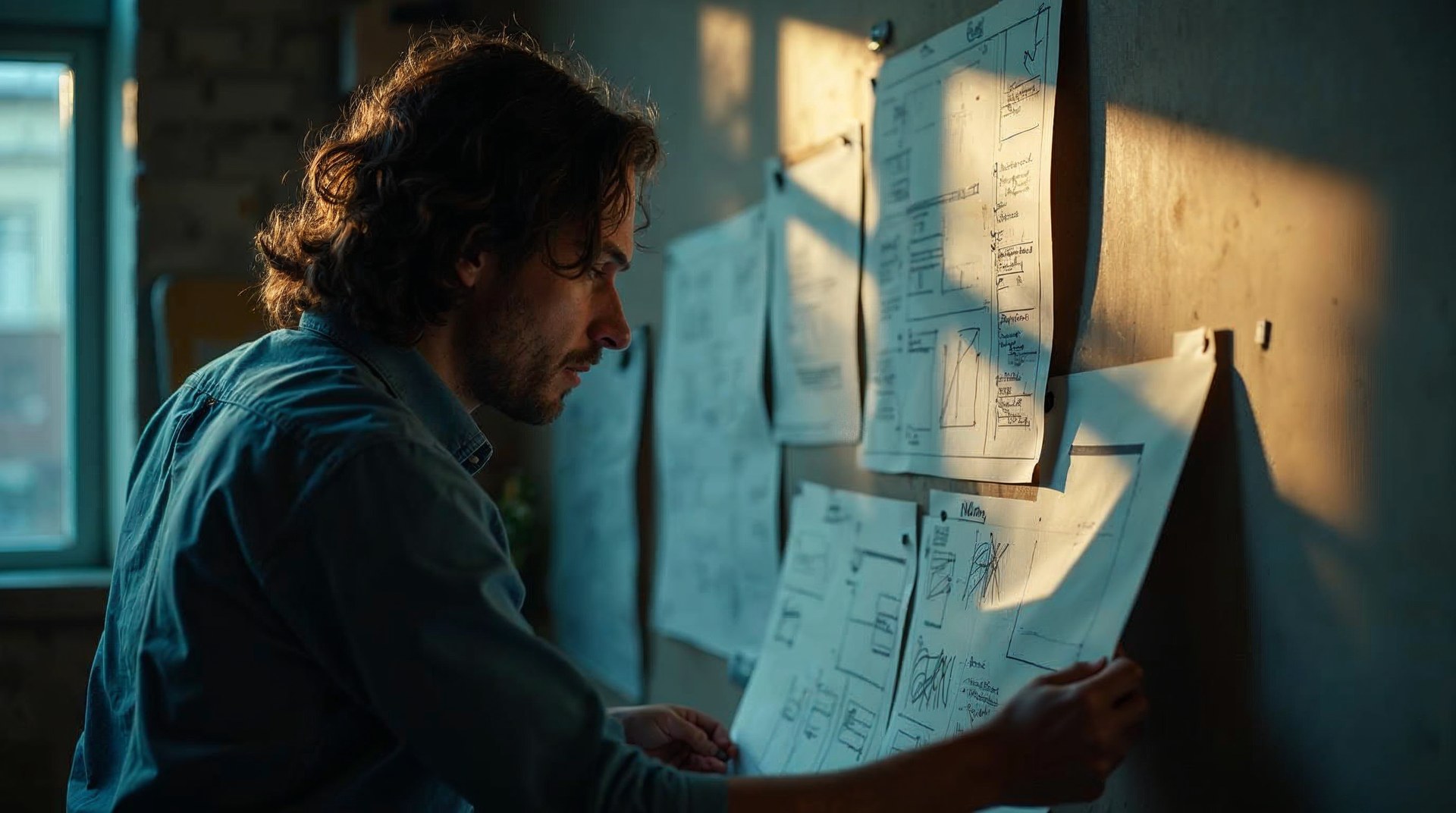 Designer taping grey paper wireframes to a studio wall in raking window light