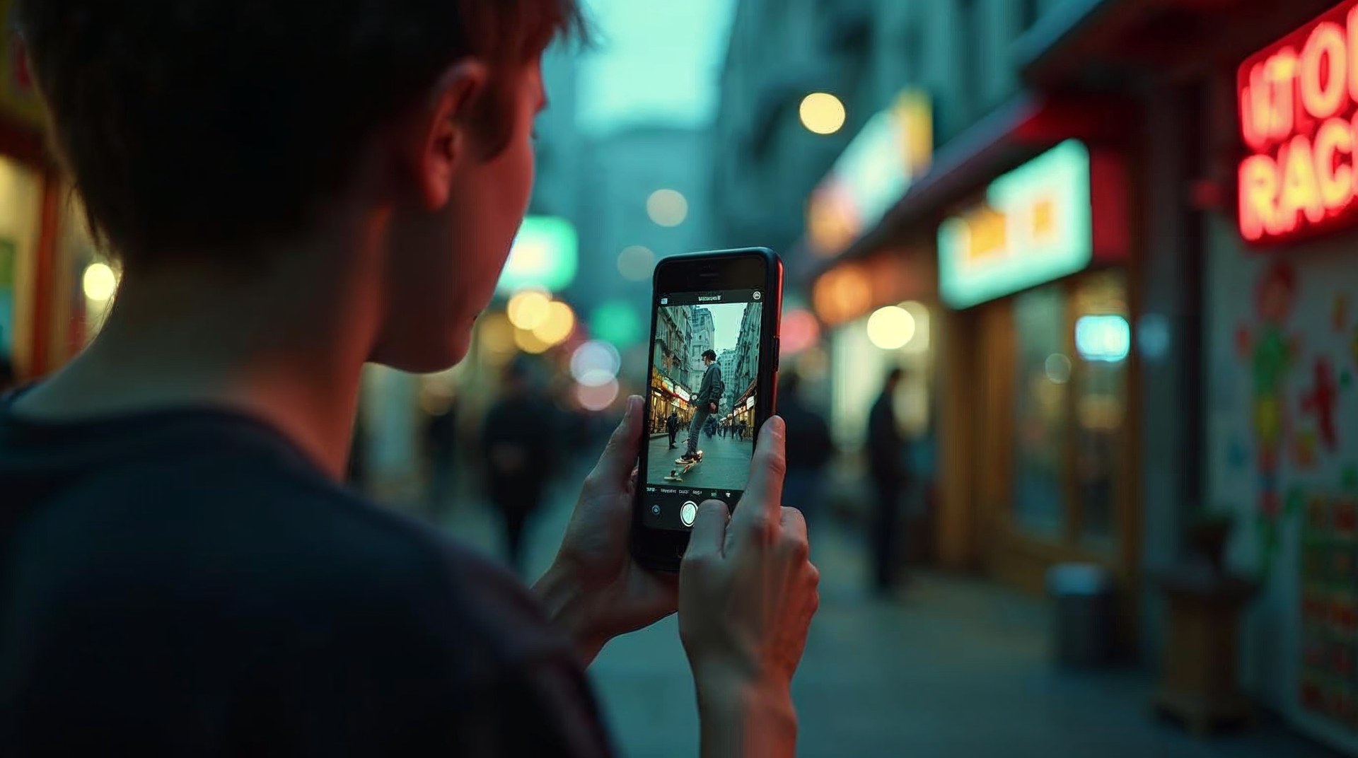 Teenager filming a friend skating at dusk on a vertical phone screen