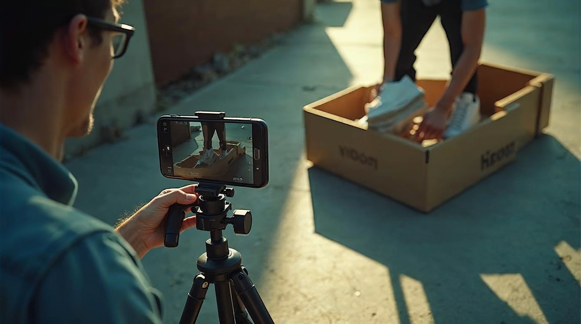 Phone clamped to a tripod filming a hand unboxing sneakers on concrete