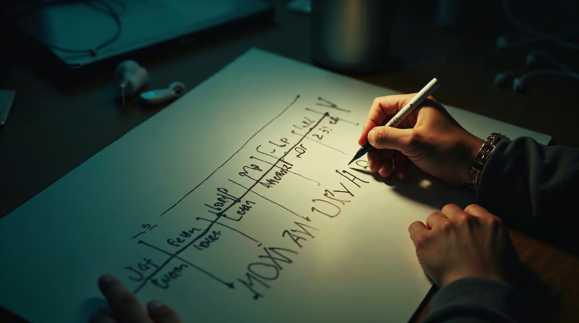 Hand tracing a hand-drawn render timeline on a whiteboard under a desk lamp