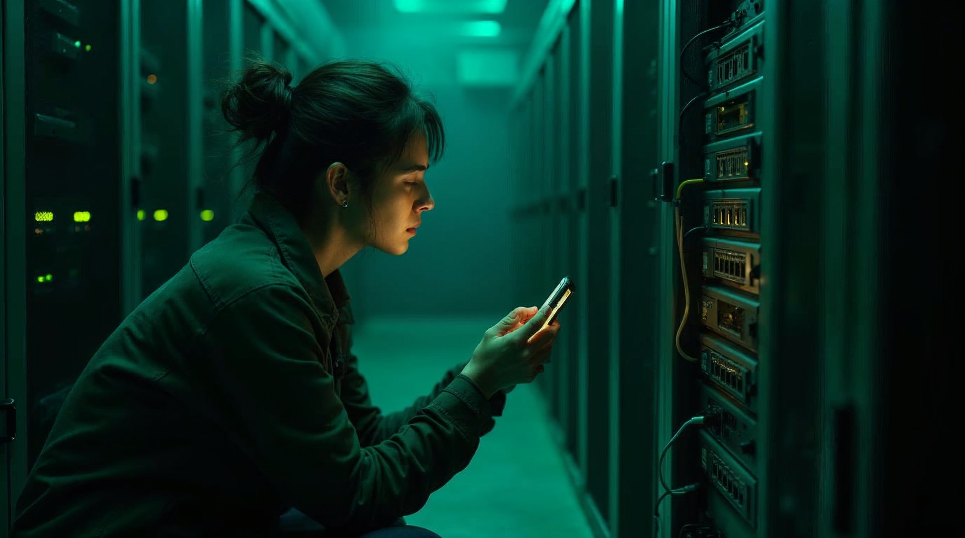 Engineer holding a cracked mid-range phone against a rack of blinking switches
