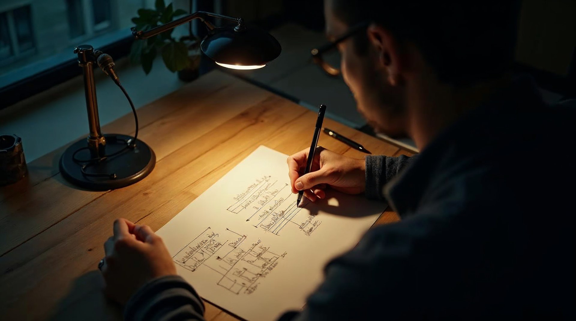 Designer sketching a collection diagram on tracing paper under a low desk lamp