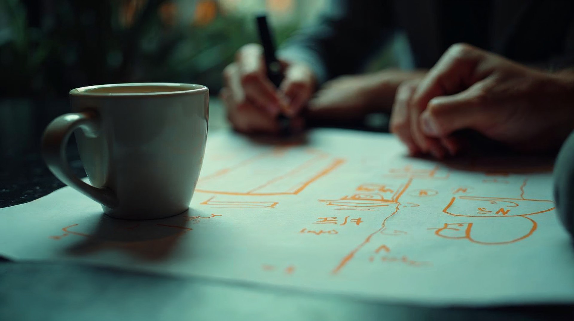 Hand annotating a printed sitemap in orange marker beside a cold espresso cup