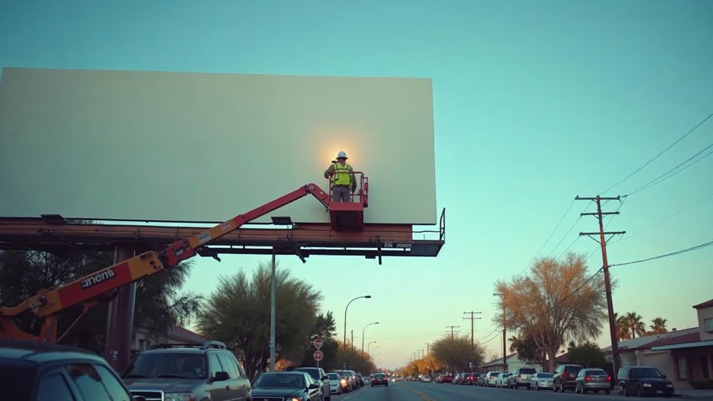A crew member on a lift installing a blank billboard panel above a busy street, photographed in Scottsdale