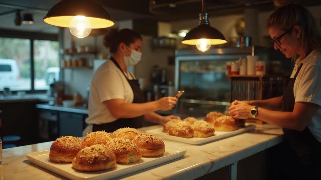 A bakery owner photographing a tray of pastries on a marble counter at dawn, photographed in Scottsdale