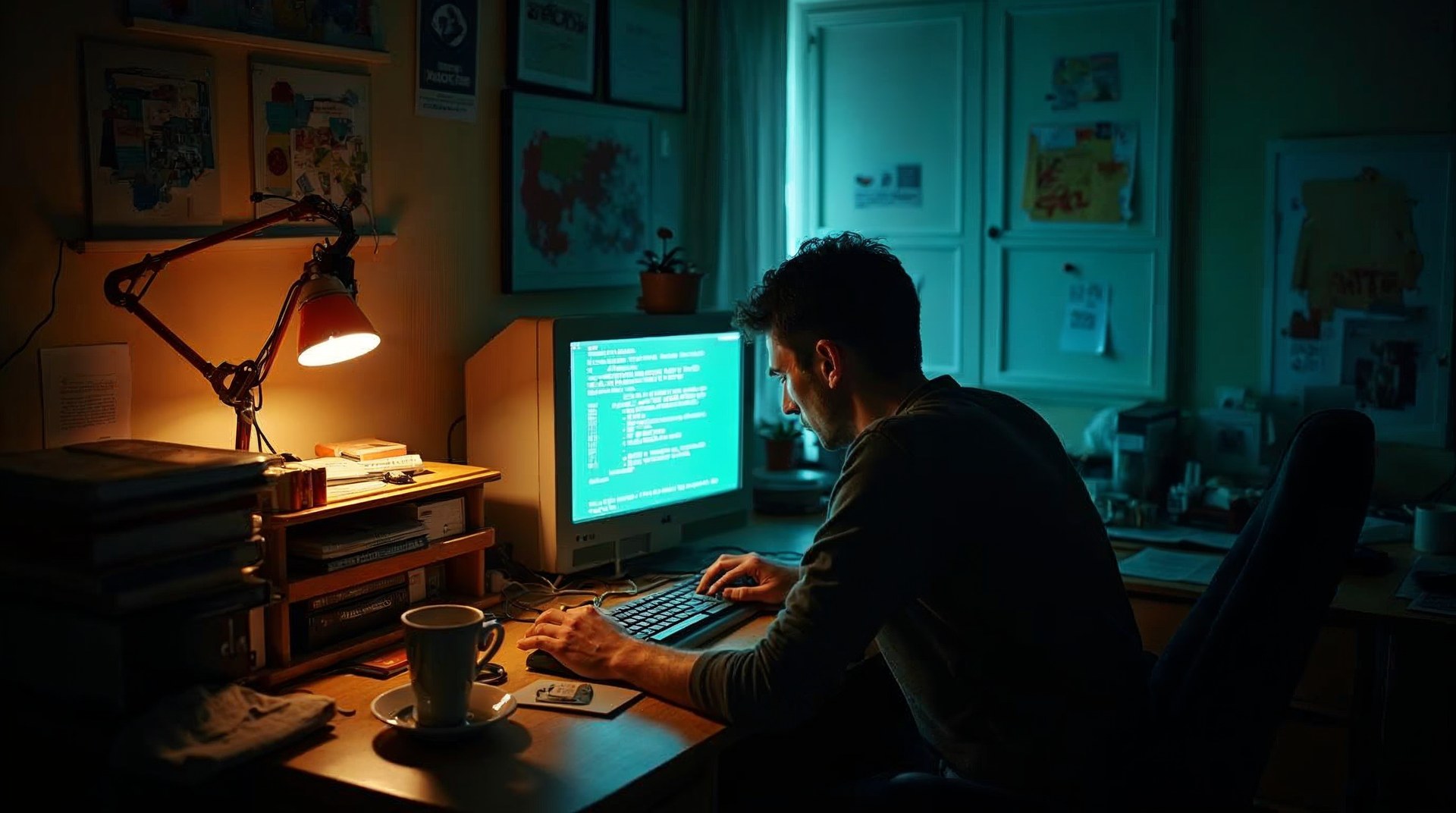 Developer working late at a cluttered home studio desk lit by an orange lamp