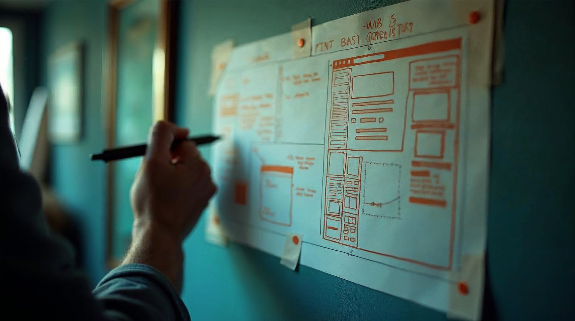 Printed wireframe taped to a workshop wall and marked up in orange pen