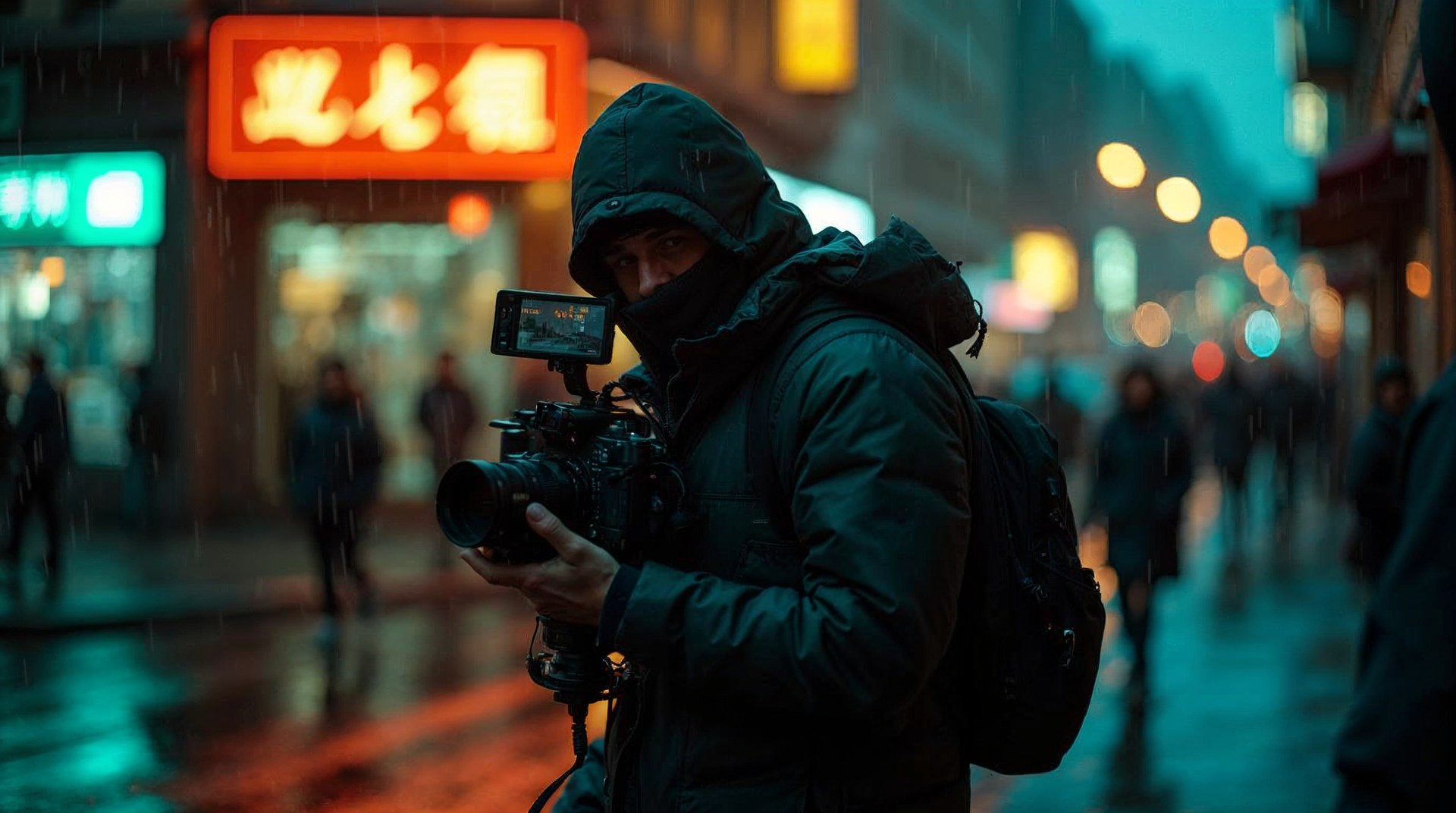 Camera operator hand-holding a rig on a rainy city street lit by neon signage