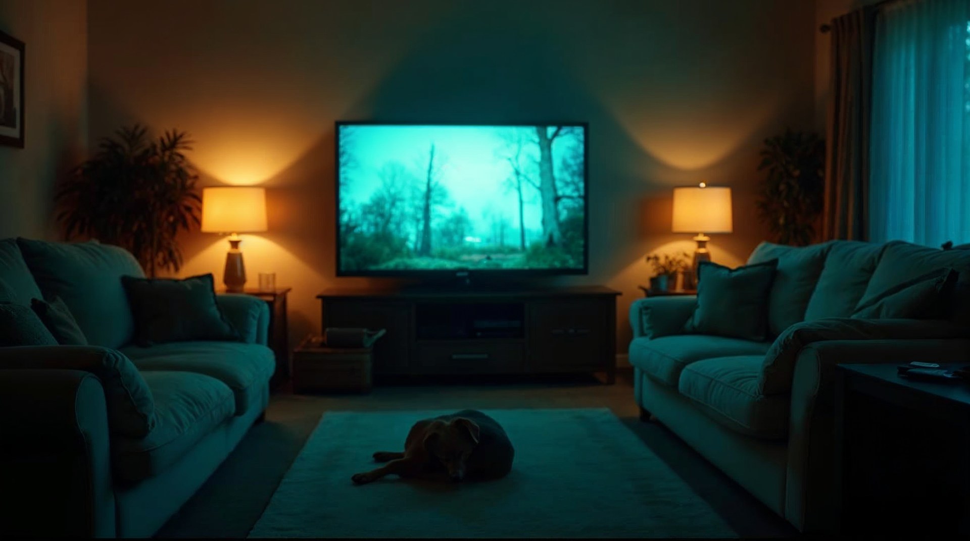 Dark living room seen from behind the sofa with a large screen glowing