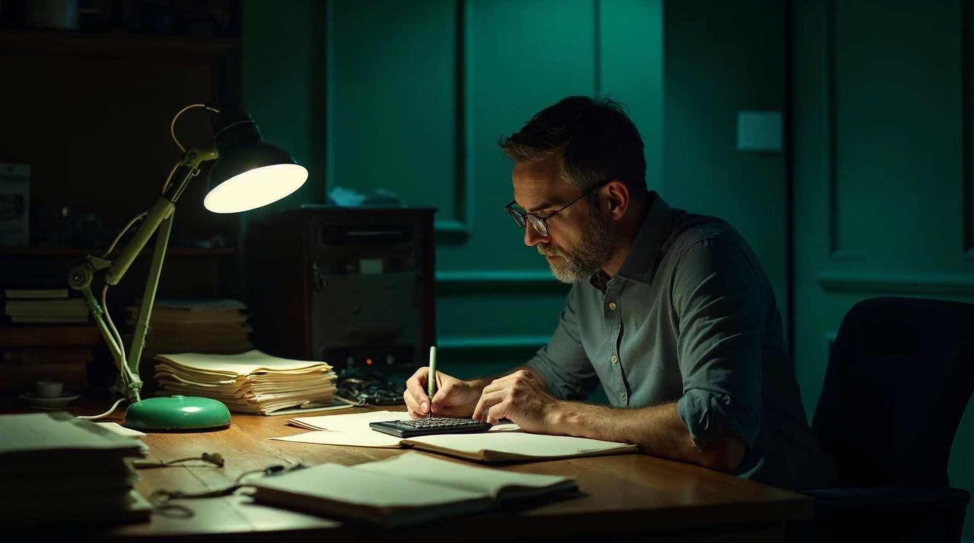 Accountant working late at a wooden desk surrounded by client folders under a green banker's lamp