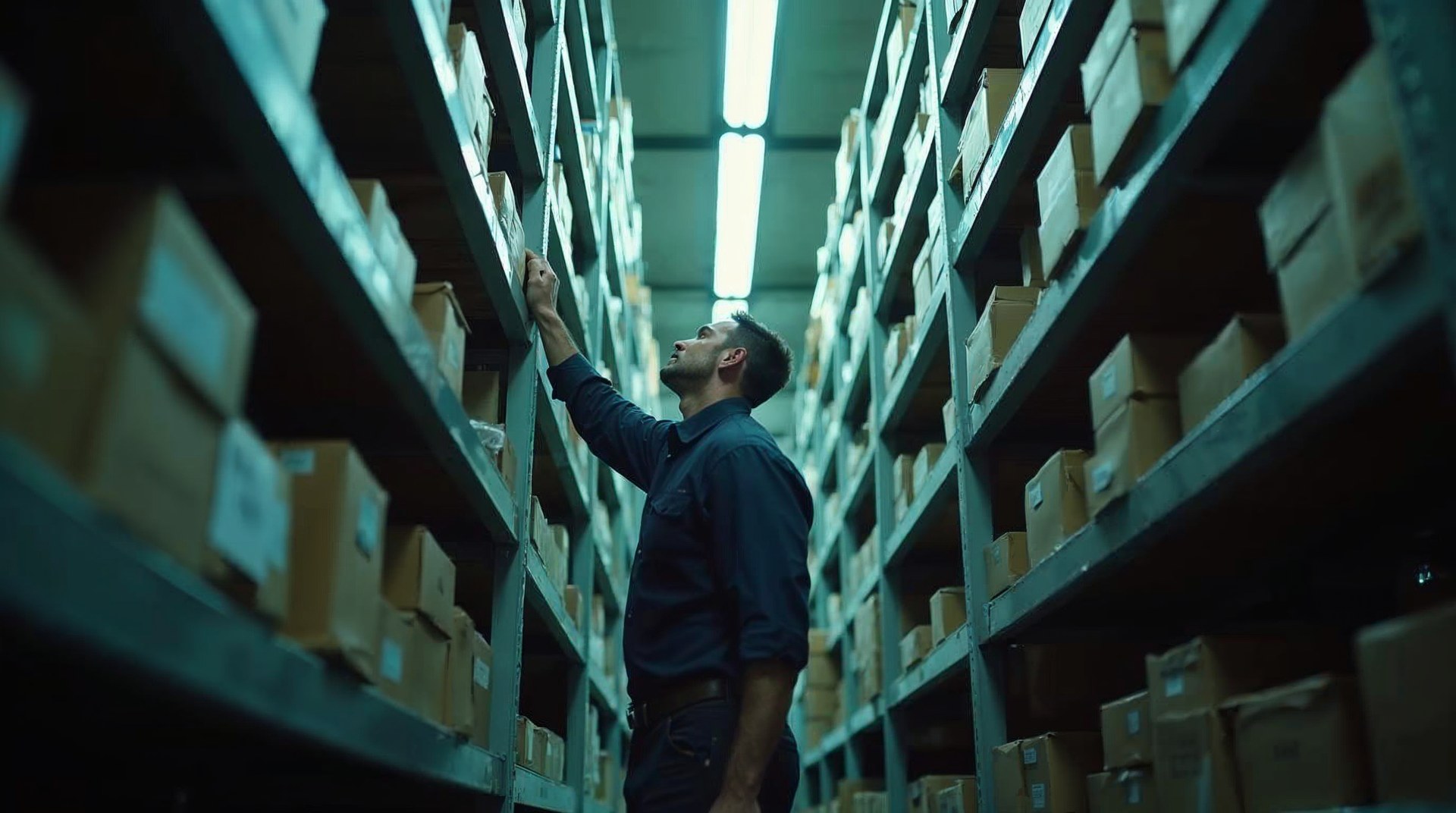 Parts counter worker reaching into a steel racking aisle for a boxed component in a warehouse